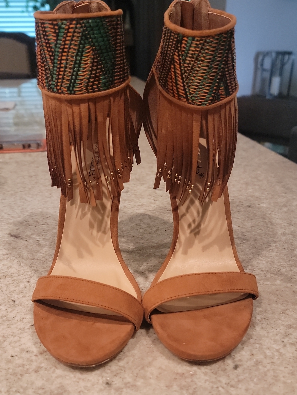 Fringed Ankle Cuff Sandals in Tan